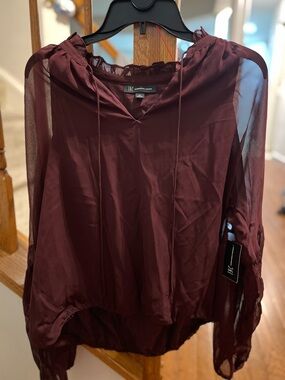 INC International Concepts Sheer Burgundy Pullover Blouse